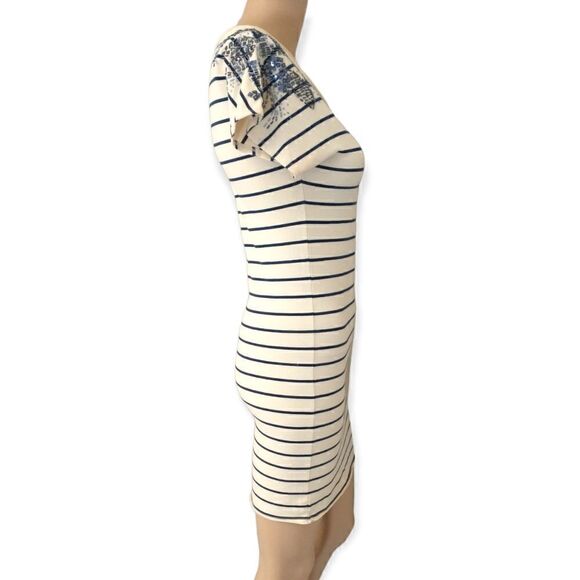 Y2K Fitted T Shirt Dress S Sequins Embellished Striped Stretch 90s Artsy Bohemia - Picture 8 of 16